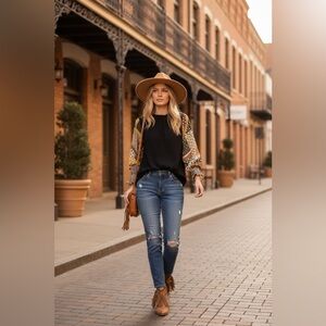 Ces Femme Black and Brown Ruffled Blouse with Mandarin Collar